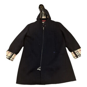 Burberry Coat Women Size US 18 - Wool Navy Blue Nova Check Hooded Authenticated